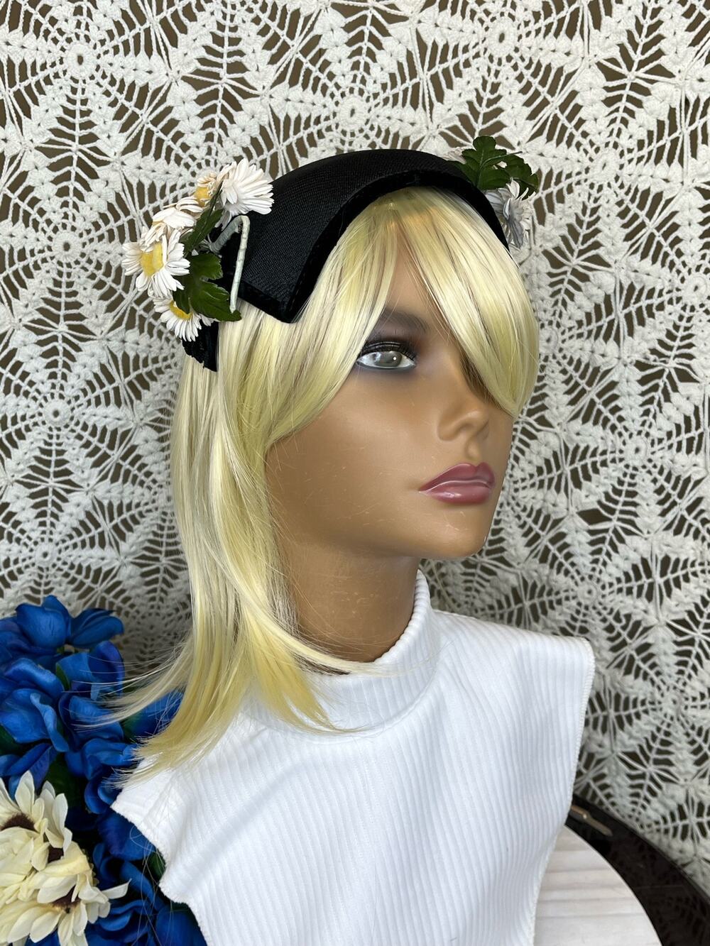 1970's Black with Daisy Pins Calot Hat